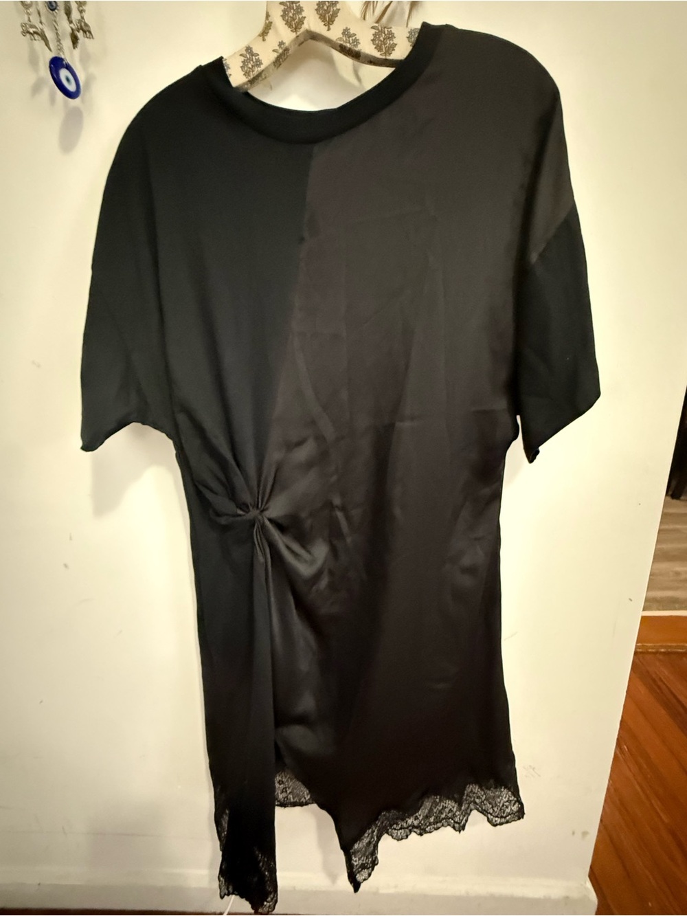 AllSaints Lana Lace Dress - Black T-Shirt Dress Twist Knot Lace Hem - US 4 / UK